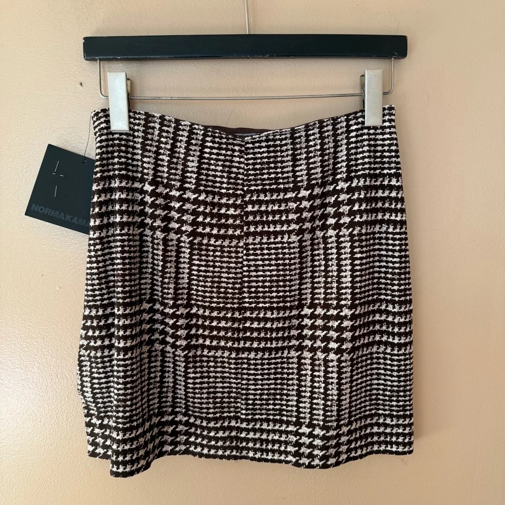 Norma Kamali mini skirt side slit Glenn plaid chocolate stretch M - Picture 7 of 8